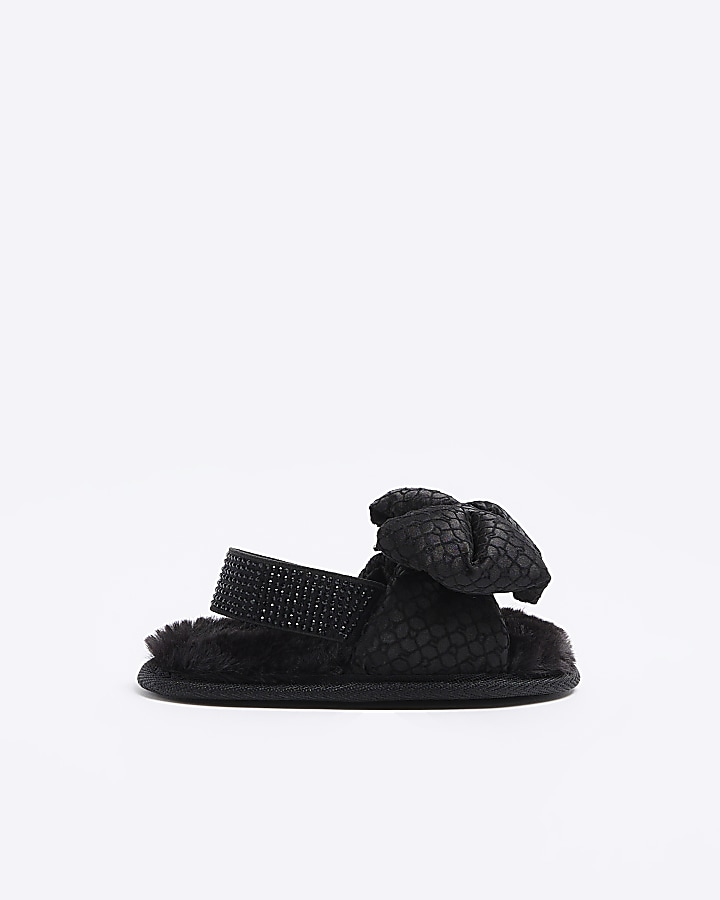 Mini girls black bow slippers