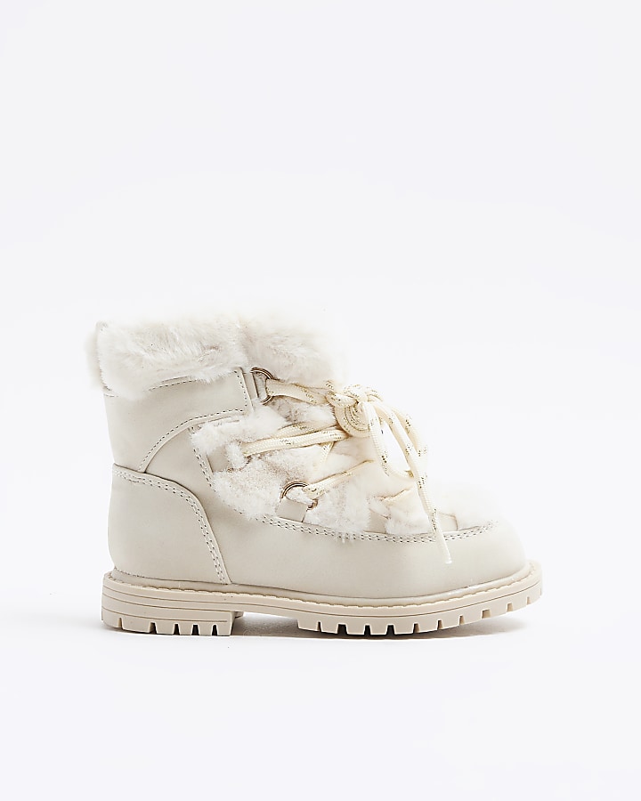 Mini girls cream faux fur shearling boots