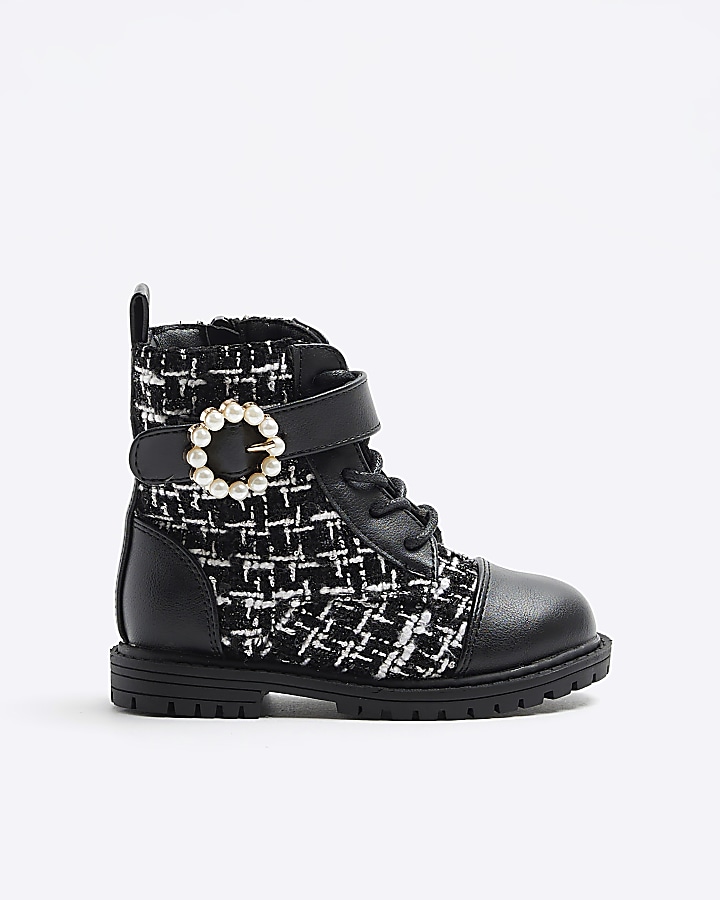 Mini girls black boucle pearl buckle boots | River Island