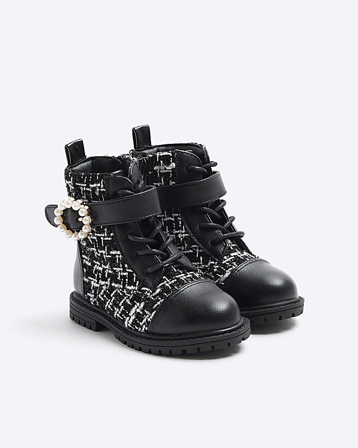 Mini girls black boucle pearl buckle boots | River Island