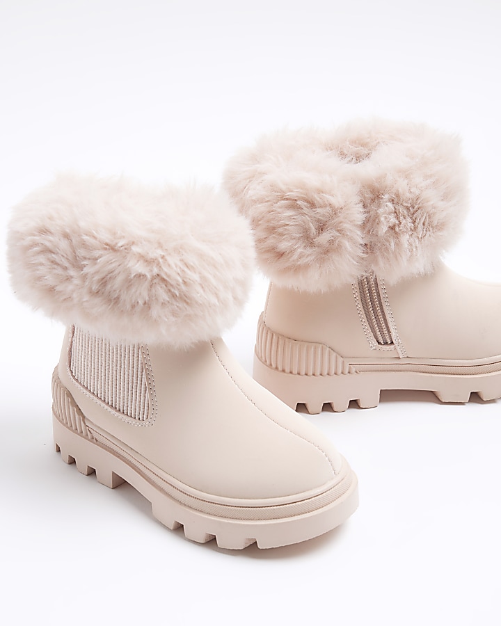 Mini girls pink faux fur cuffed boots