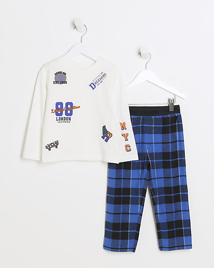 Mini boys blue graphic check pyjama set