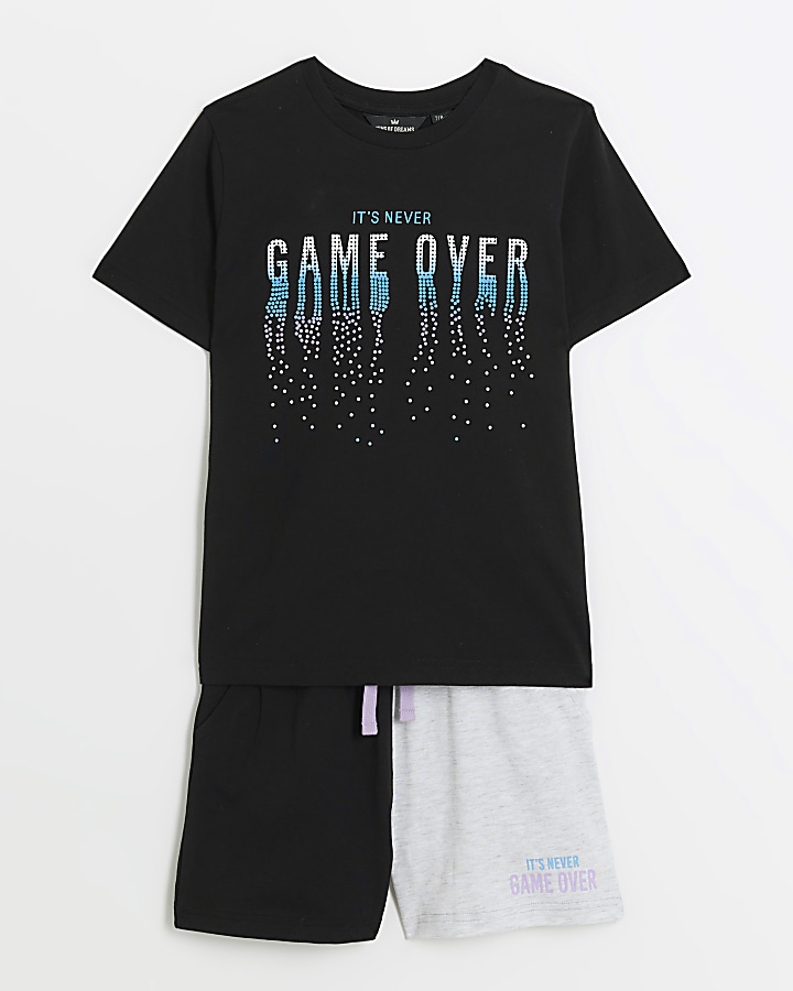 Boys black graphic game over pyjamas set River Island