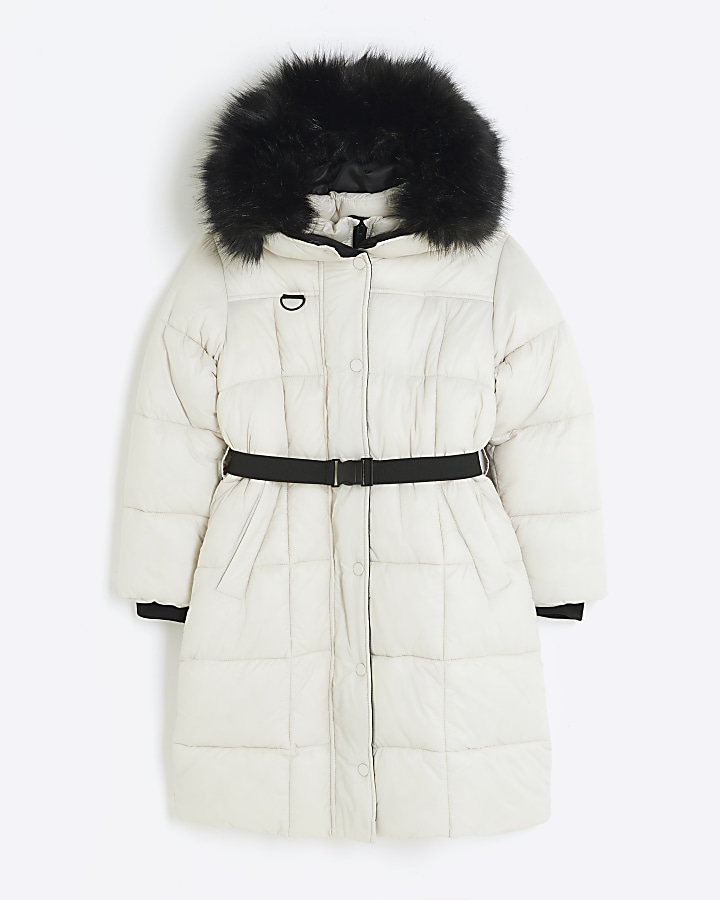 Girls cream faux fur hood puffer coat River Island