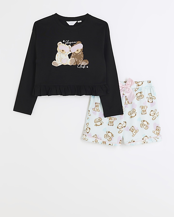 Girls black teddy satin pyjama set