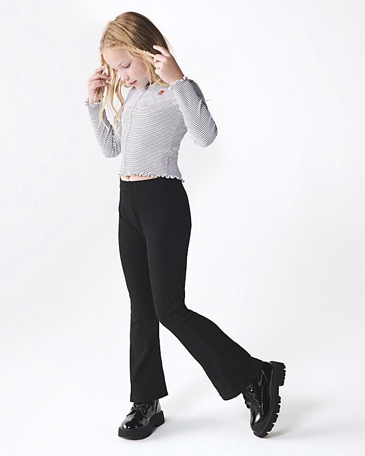 Girls Black Ribbed Flare Trousers