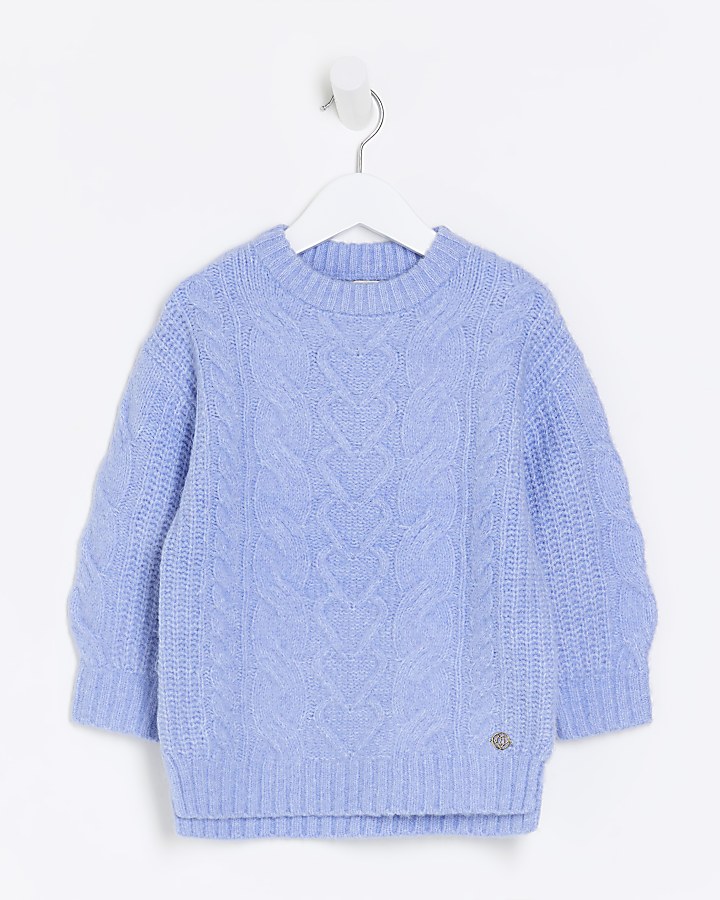 Mini girls blue cable knit jumper | River Island