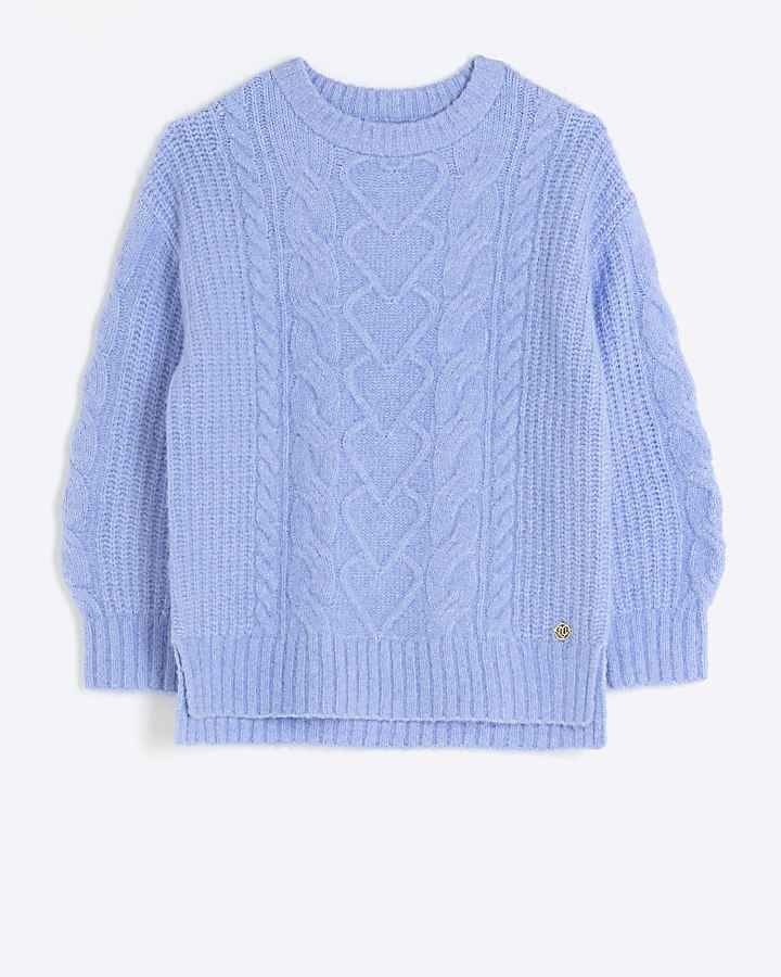 Girls blue cable knit jumper | River Island