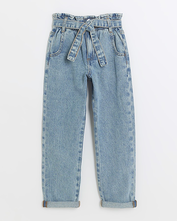 Girls blue belted paperbag jeans