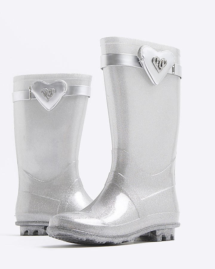 Girls silver heart pocket wellie boots