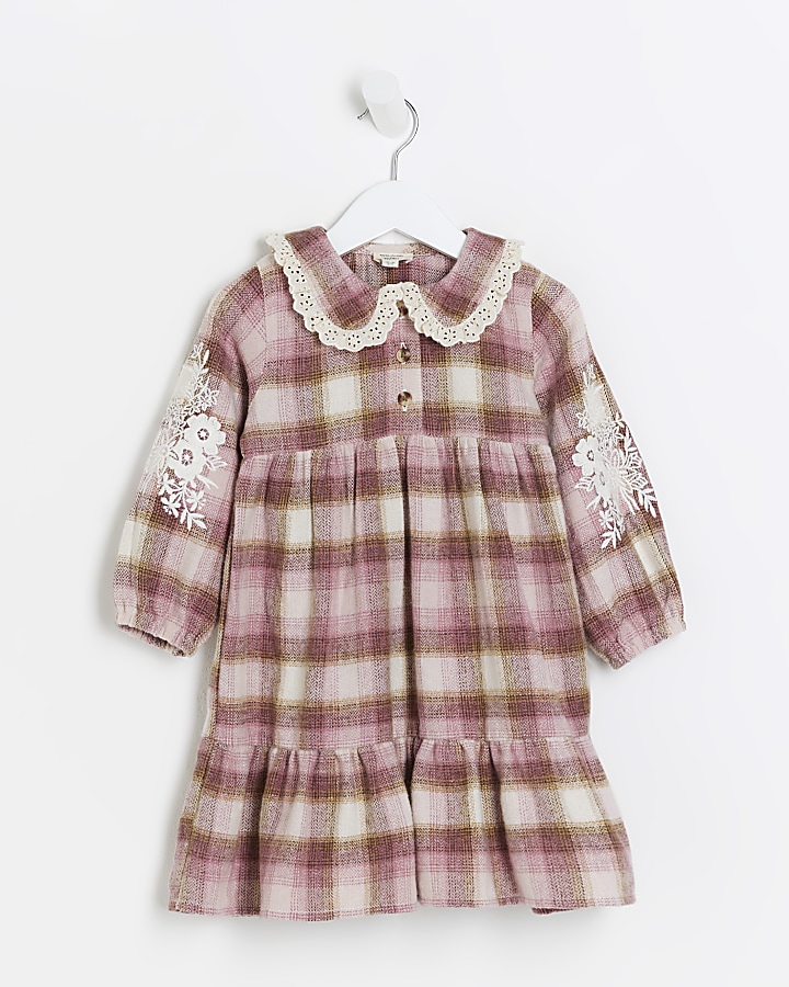 Mini girls pink check tiered shirt dress