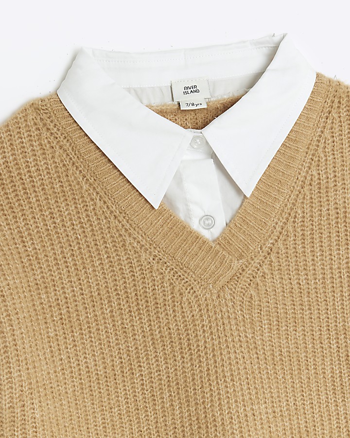 Girls brown knitted hybrid shirt jumper dress