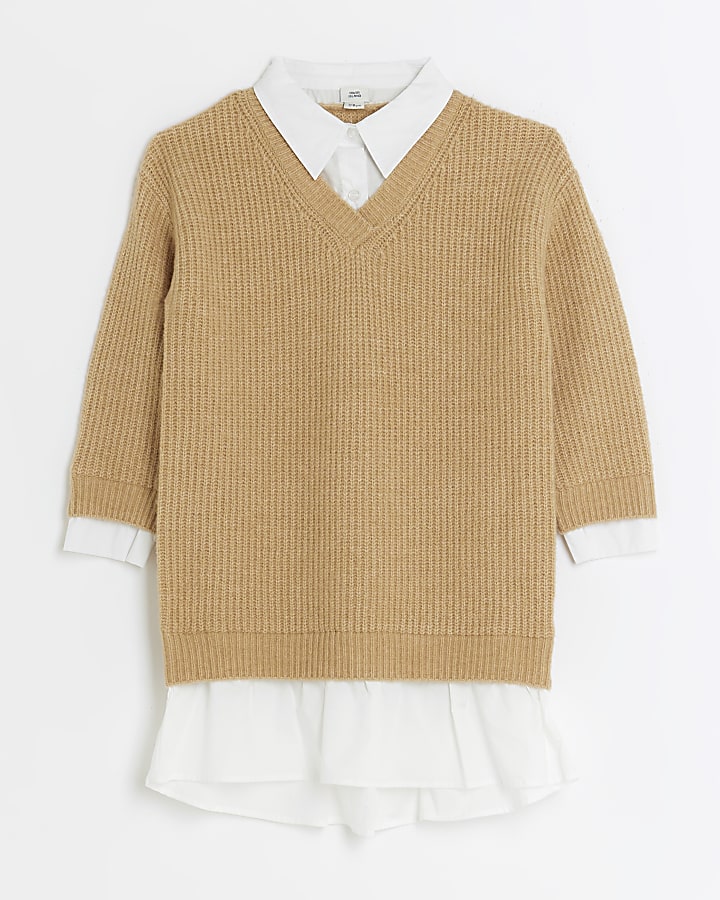 Girls brown knitted hybrid shirt jumper dress River Island