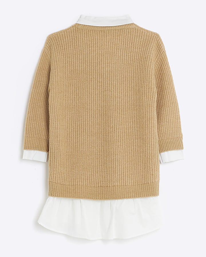 Girls brown knitted hybrid shirt jumper dress