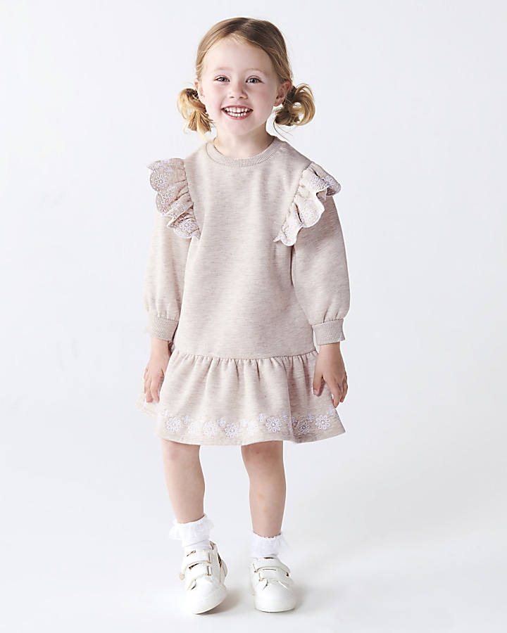 Mini girls beige frill jumper dress | River Island