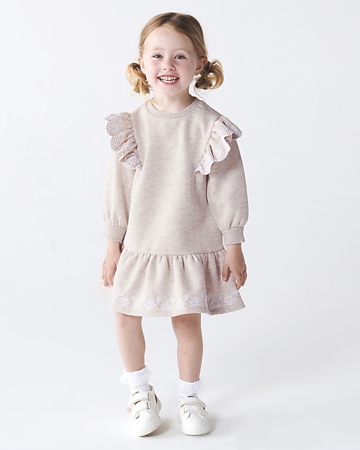 Mini girls beige frill jumper dress River Island