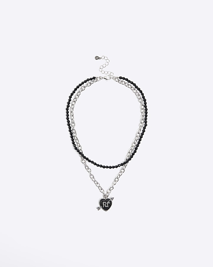 Girls silver heart multirow necklace