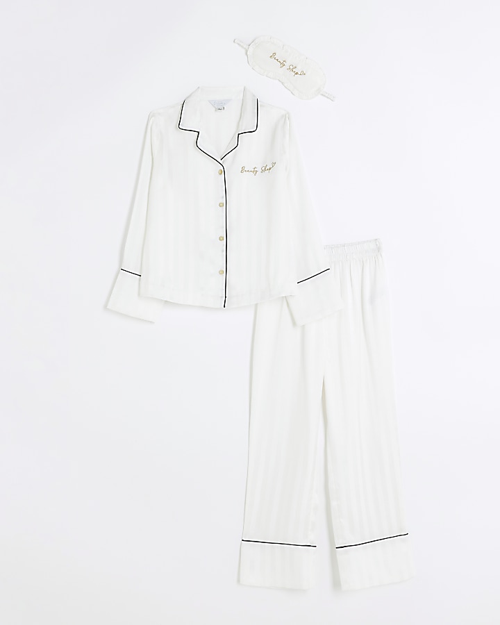 Girls white stripe satin 3 piece pyjama set