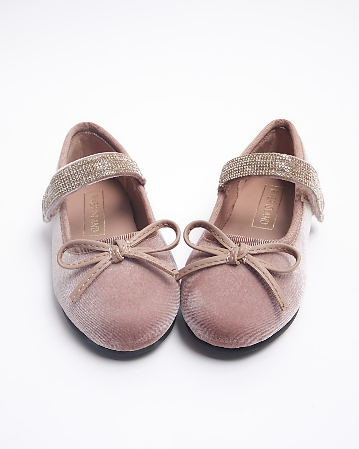Mini girls pink velvet diamante ballet shoes