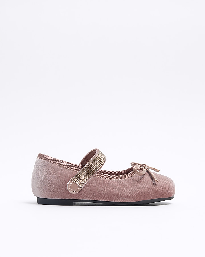 Mini girls pink velvet diamante ballet shoes