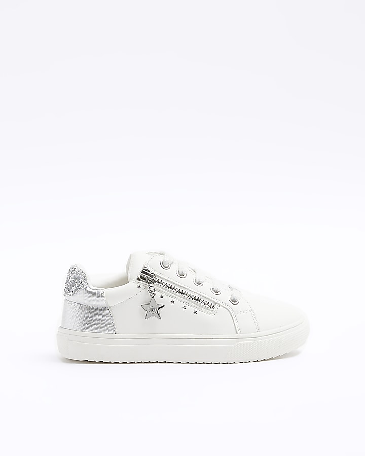 Girls white side zip glitter trainers