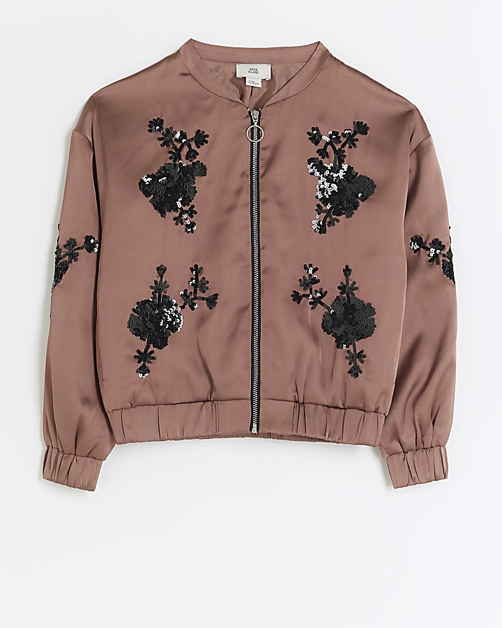 Girls pink floral sequin bomber jacket