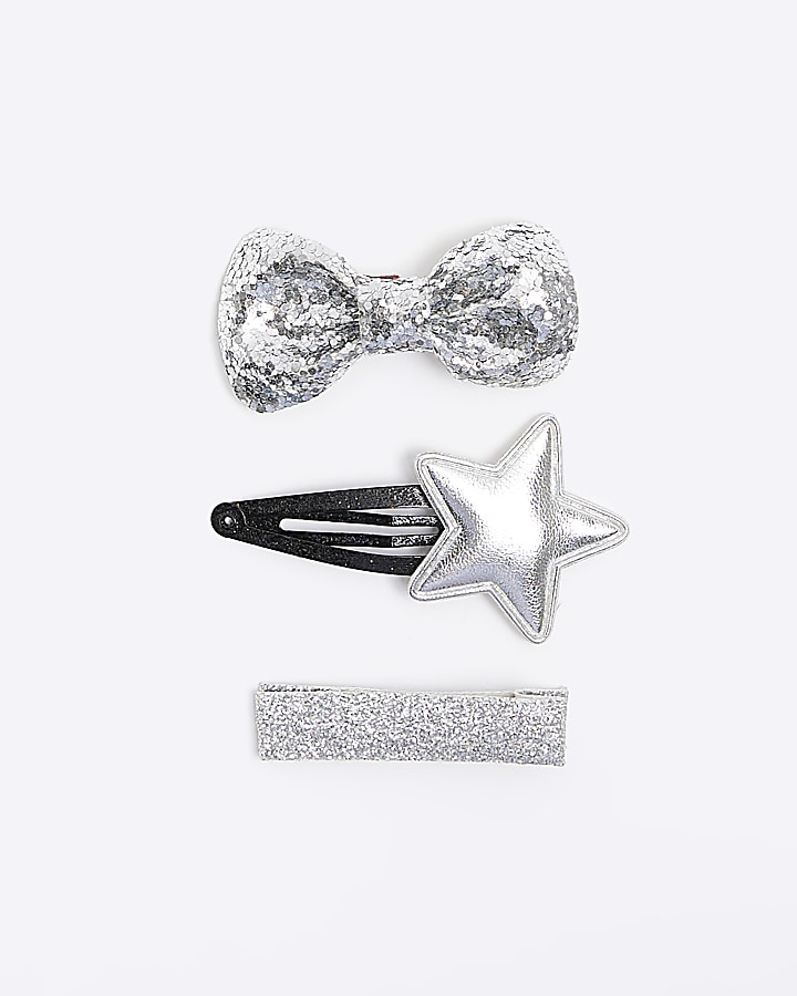 Girls silver glitter bow hair clips 3 pack