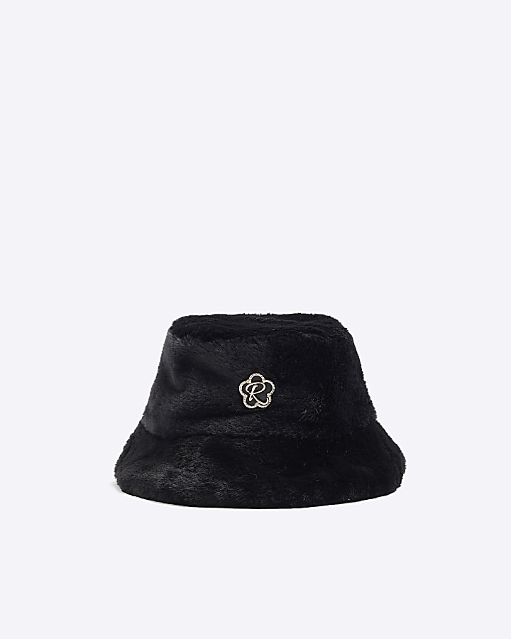 Girls black faux fur bucket hat