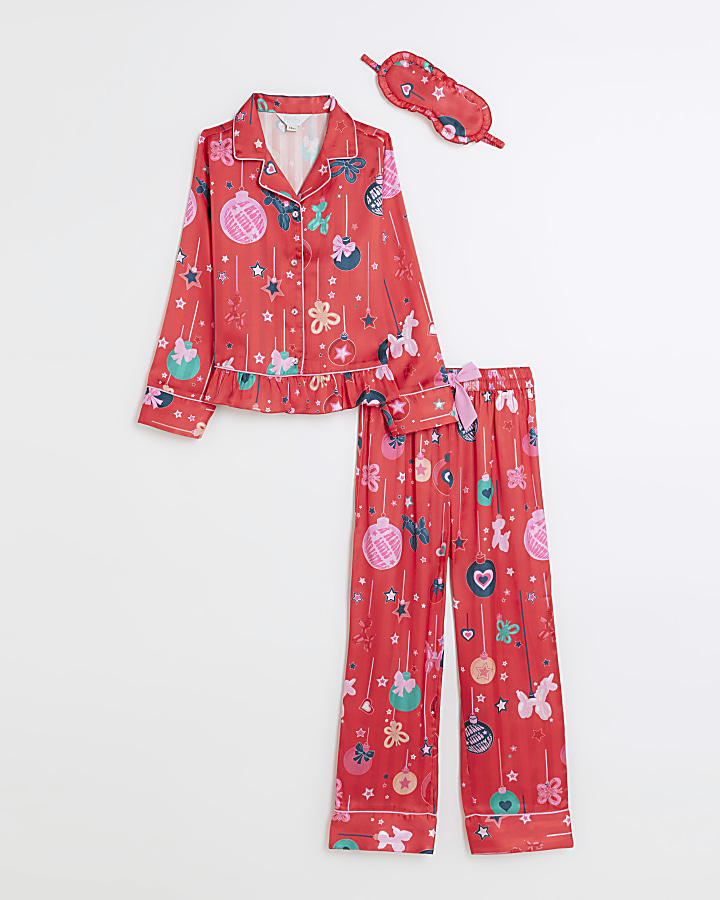 Girls pink Christmas bauble pyjama set River Island