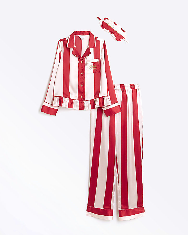 Girls pink stripe christmas satin pyjama set River Island