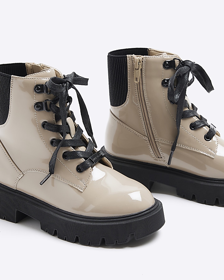 Girls beige chunky hiker lace up boots