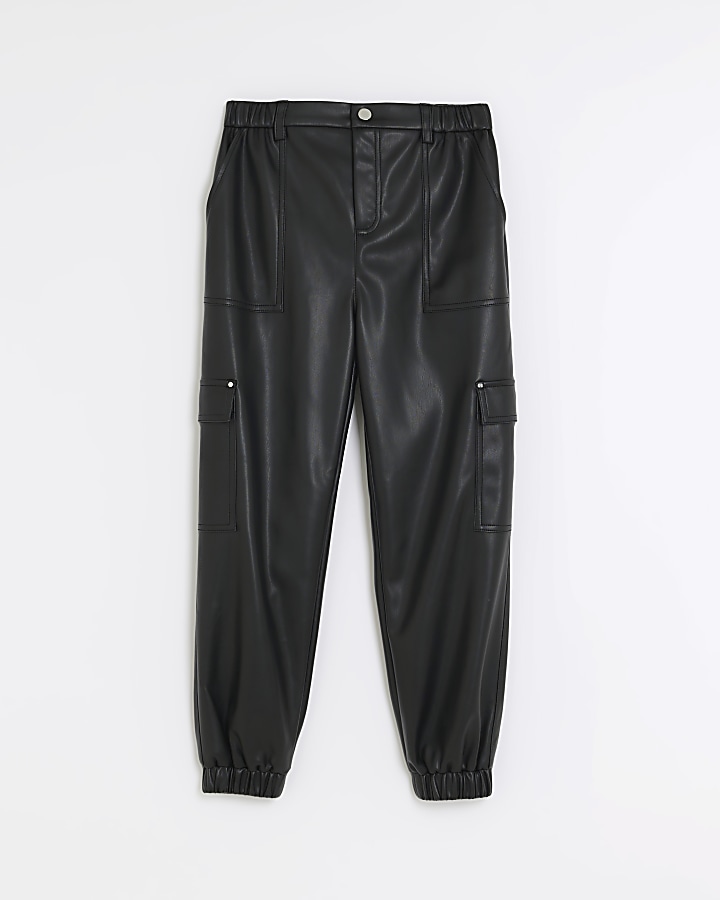 Girls black faux leather cargo trousers