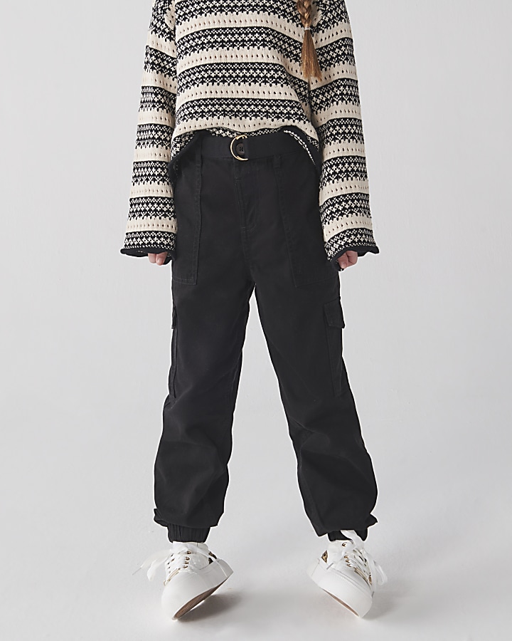 Girls black belted cargo trousers
