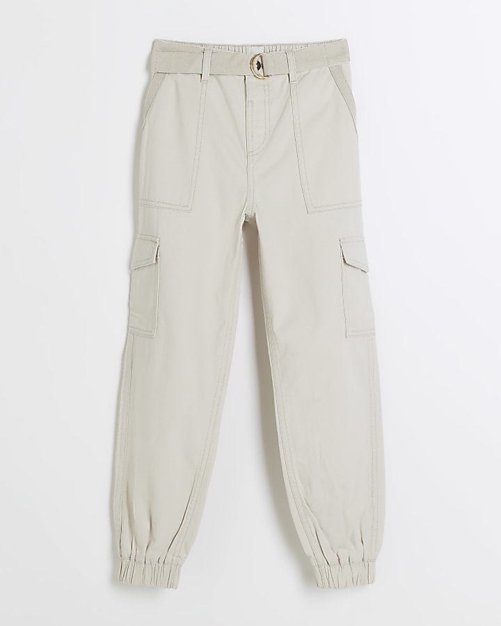 Girls ecru belted cargo trousers