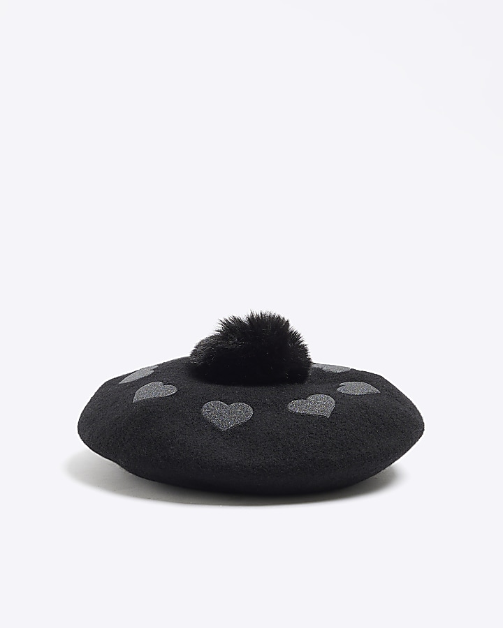 Mini girls black heart pom pom beret hat