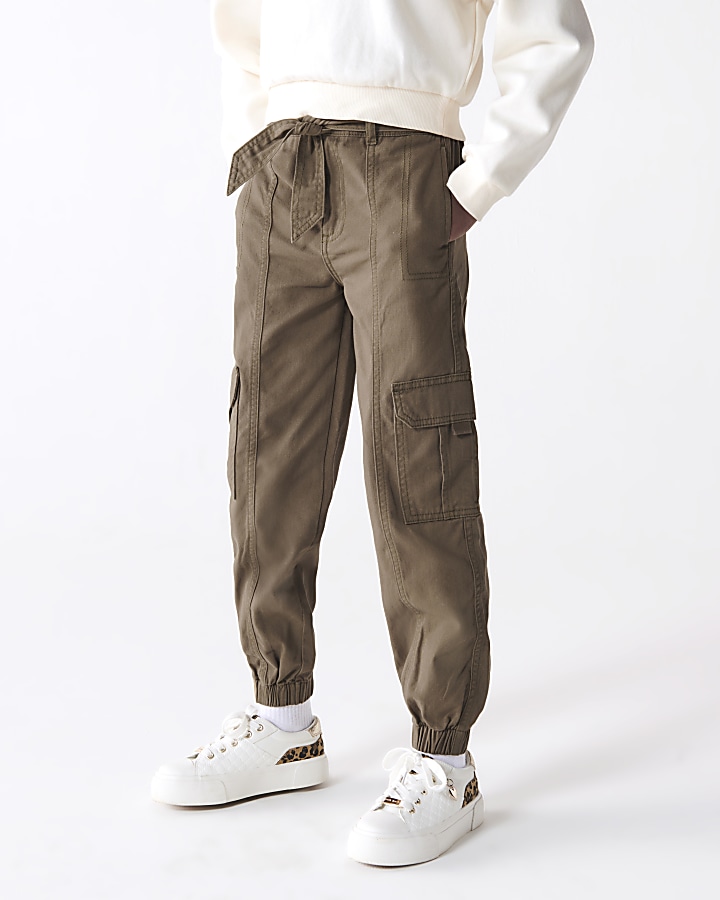 Girls khaki belted cargo trousers | River Island