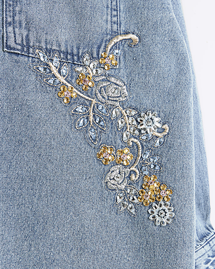 Girls blue floral embroidered denim shirt
