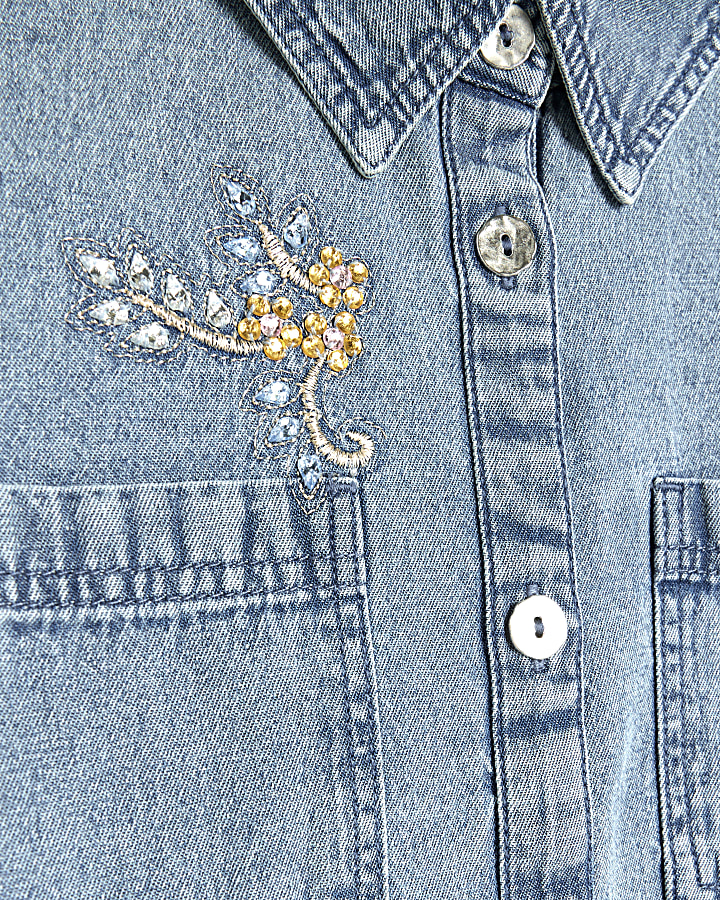 Girls blue floral embroidered denim shirt
