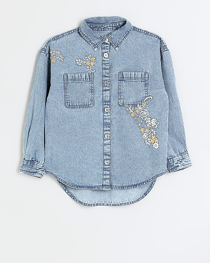 Girls blue floral embroidered denim shirt