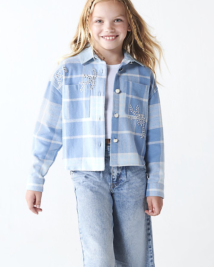 Girls blue embellished check shirt