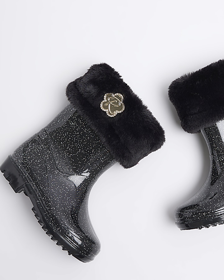 Mini girls black glitter wellie boots