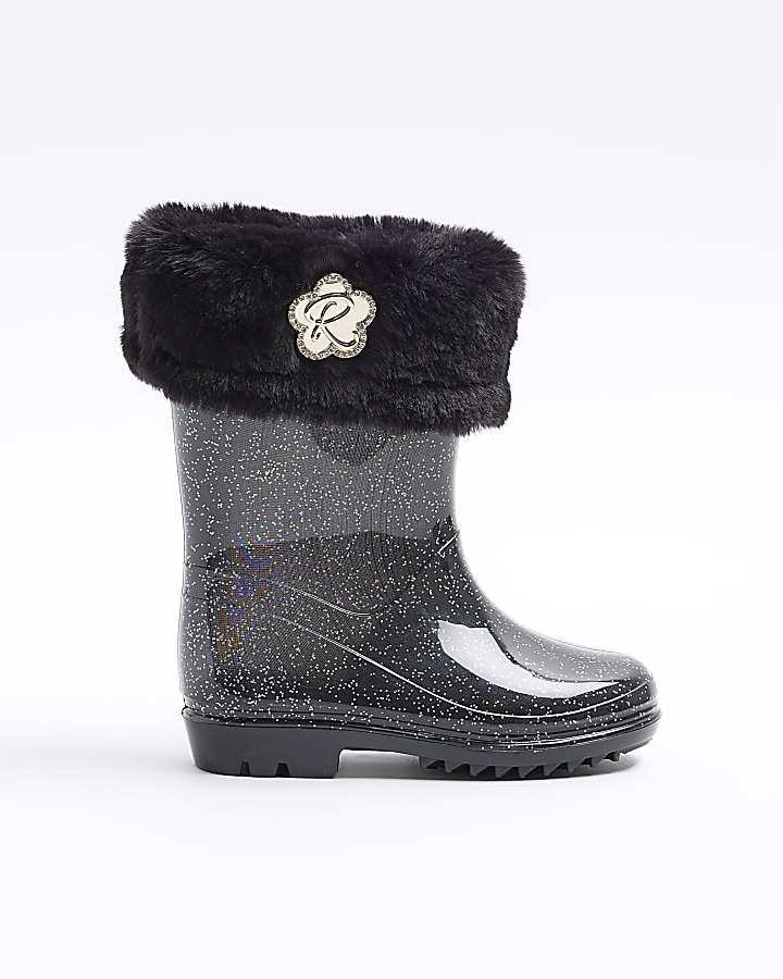 Mini girls black glitter wellie boots