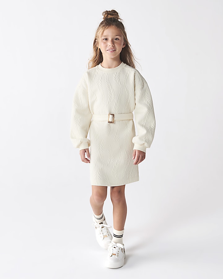 Girls cream jacquard sweatshirt jumper dress