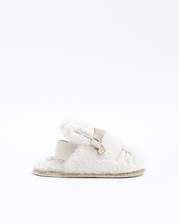 Mini girls Beige Faux Fur Bunny Mule Slippers River Island