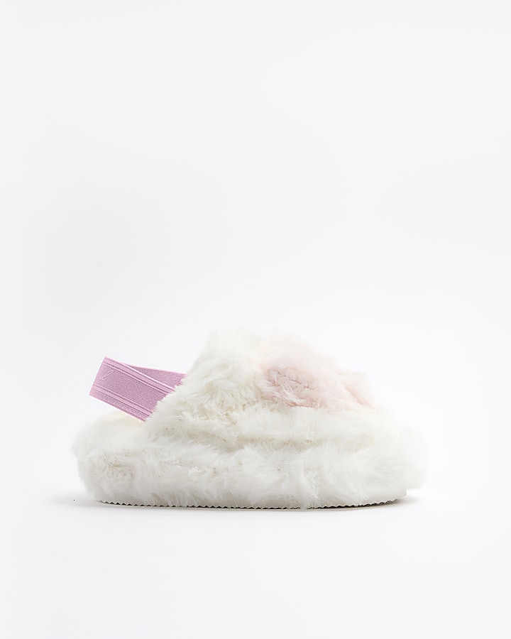 Mini girls cream faux fur heart mule slippers