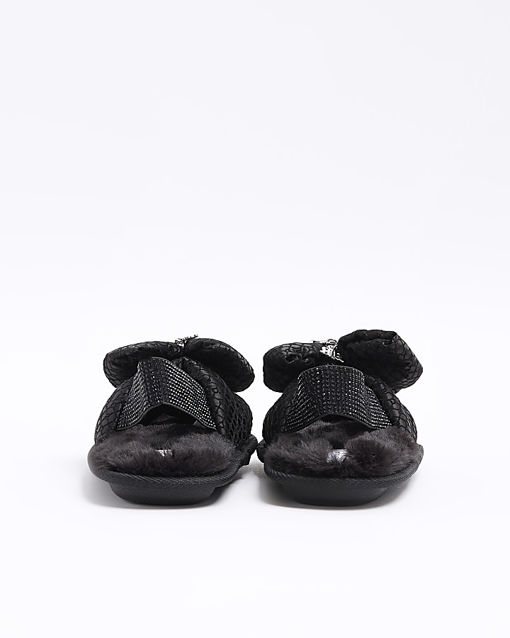 Girls Black Bow Embellished Monogram Slippers River Island