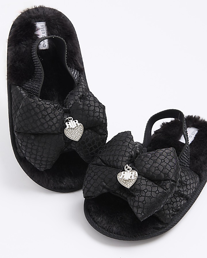 Girls Black Bow Embellished Monogram Slippers