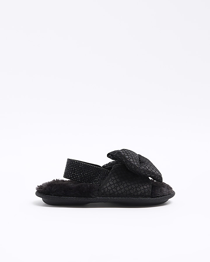 Girls Black Bow Embellished Monogram Slippers | River Island