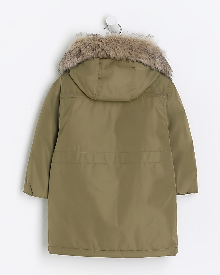 Mini girls Khaki faux fur hooded parka coat