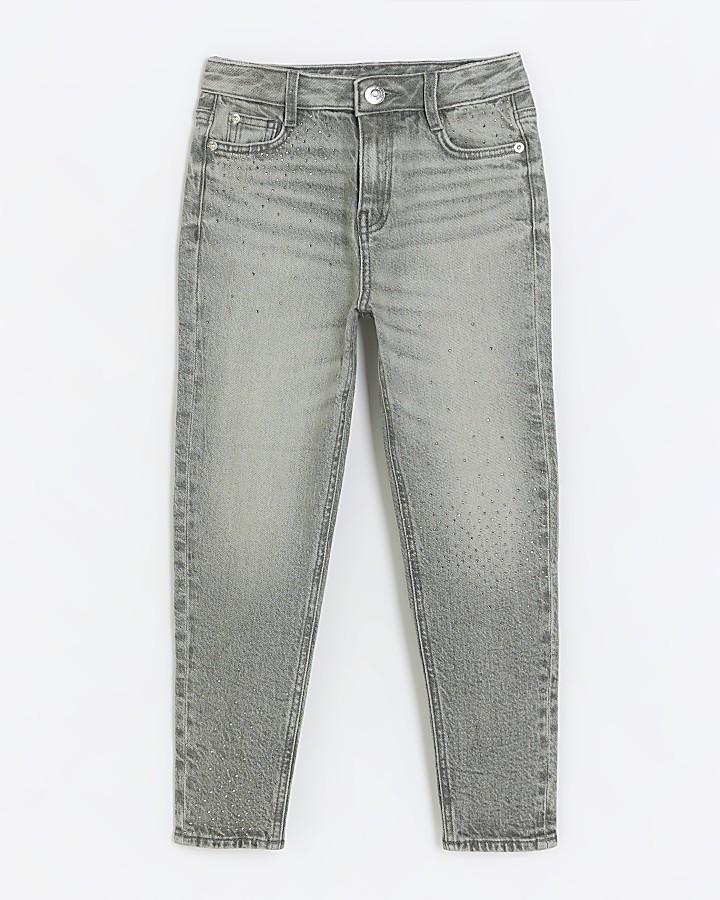 Girls grey embellished mom jeans